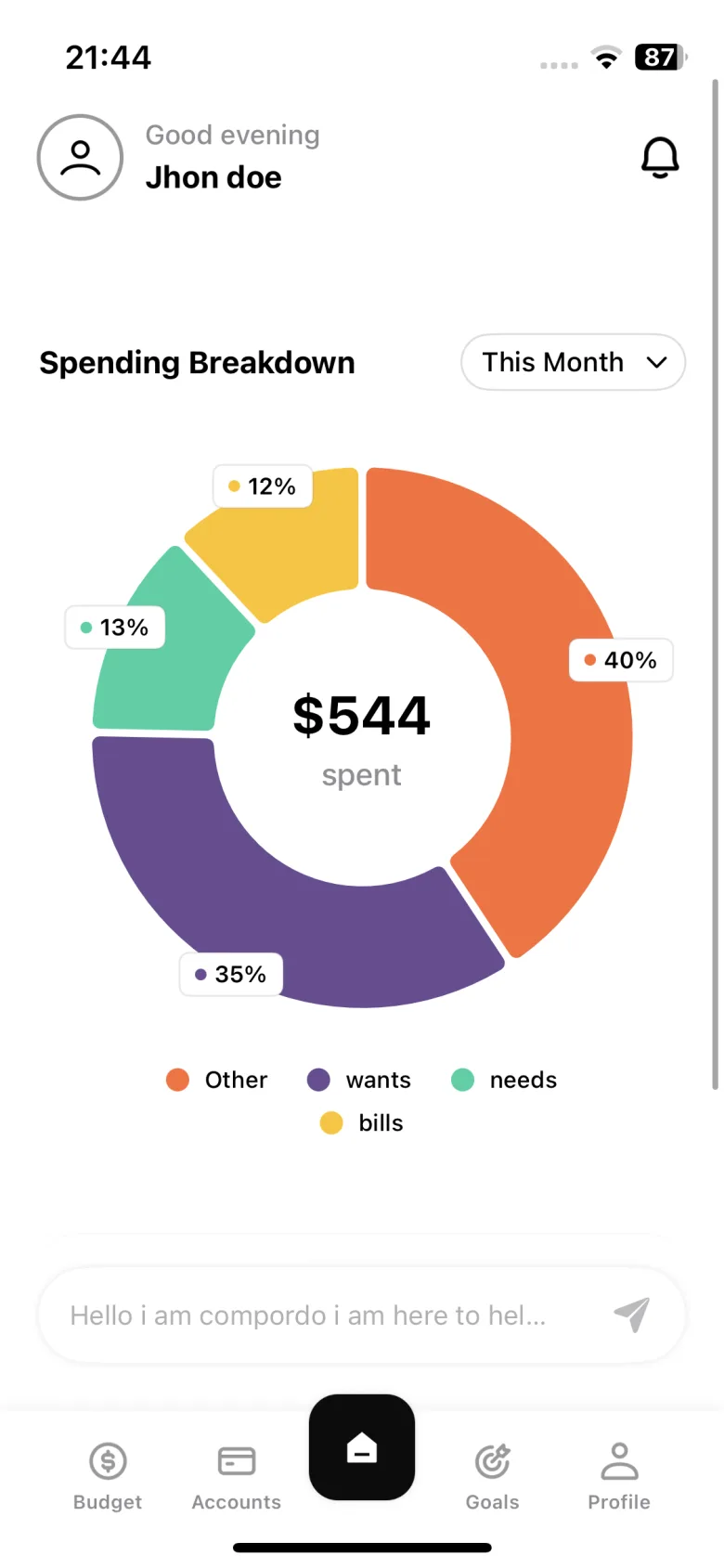 OptiVault spending breakdown: $544 spent this month, split into needs, wants, bills and other